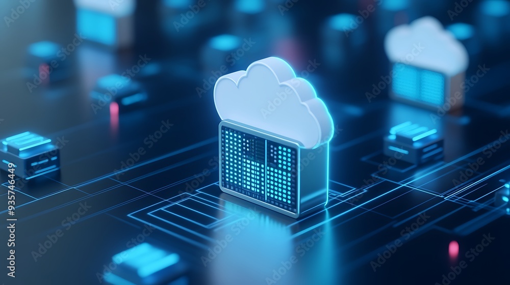 Poster 3d illustration of cloud computing technology concept, showcasing data storage and virtualization in