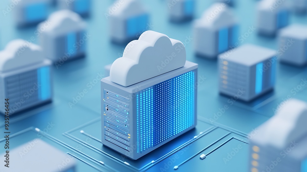 Poster 3d illustration of cloud computing technology concept. data centers with cloud icons, representing s