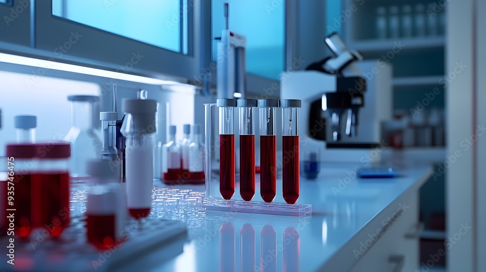 Poster a laboratory setting where blood samples are being tested and analyzed for the detection of dengue f