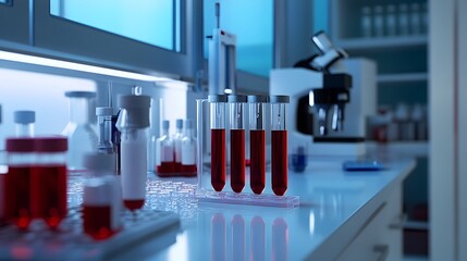 A laboratory setting where blood samples are being tested and analyzed for the detection of dengue fever with space for scientific or educational text