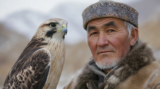 An elderly man in traditional garments with a bird on his hand, capturing wisdom, cultural depth, and a rich connection between man and wildlife in a snowy landscape.