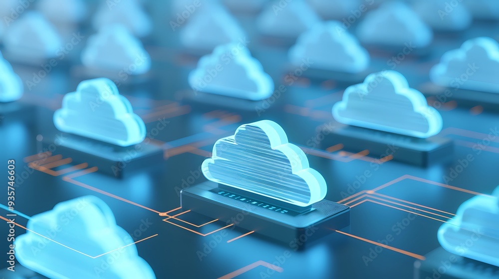 Poster 3d illustration of cloud computing technology concept with glowing cloud icons in a data network. bl
