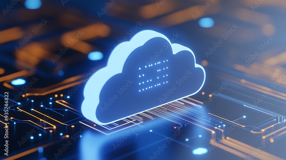 Poster 3d illustration of cloud computing technology symbol, glowing on a circuit board, representing data 