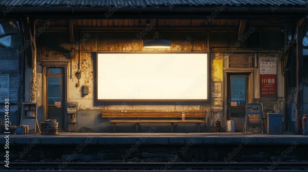 Poster In a quiet train station at night, a blank billboard mocks up.