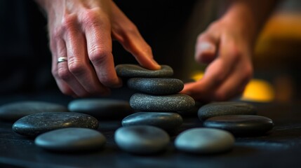 Close-up of hands carefully arranging smooth black stones often used in massage therapy. This demonstrates the precision and care in preparing for a therapeutic session.
