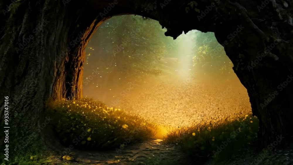 Poster mysterious glowing light in the forest at dusk near a large twisted tree trunk
