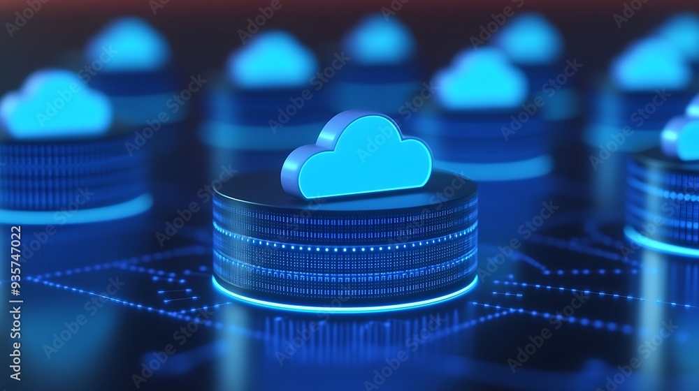 Poster 3d illustration of cloud data storage technology with neon blue clouds over servers, representing cl