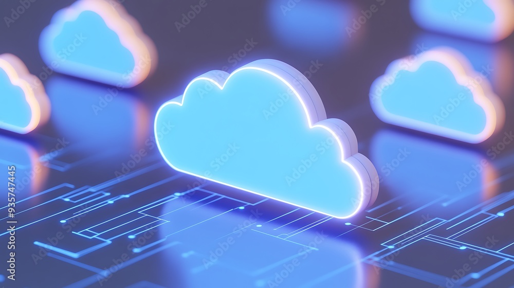 Aufkleber 3d illustration of glowing blue cloud icons over a digital circuit board, representing cloud computi