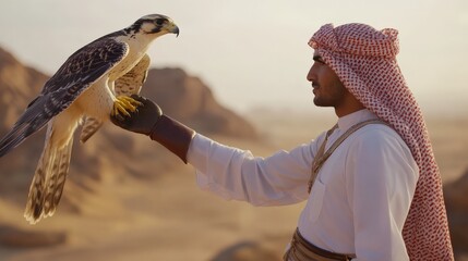 A person clad in traditional attire holds a majestic hawk in a vast desert landscape, symbolizing the cultural heritage and the bond between human and nature.