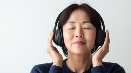 Fototapeta premium A woman enjoys a serene moment with black headphones, eyes closed, against a light grey background, embodying tranquility and connection to music or sound.