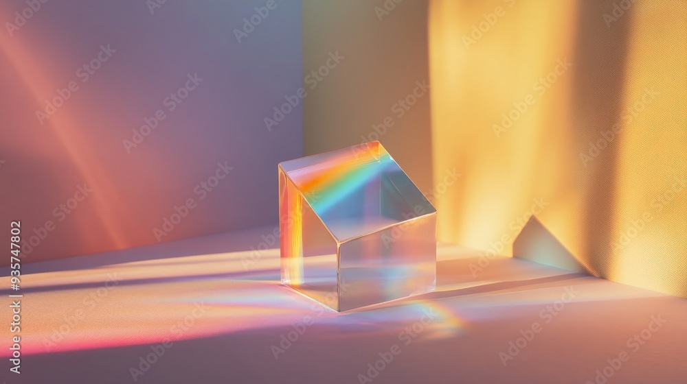 Fototapete A stunning abstract image of a transparent prism casting colorful rainbow reflections on the walls, showcasing the beauty and complexity of light and refraction in a magical display.