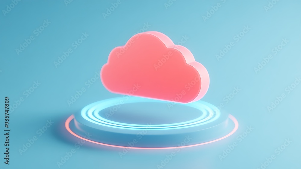 Poster 3d render of a pink cloud above a futuristic neon circle on a blue background representing cloud com
