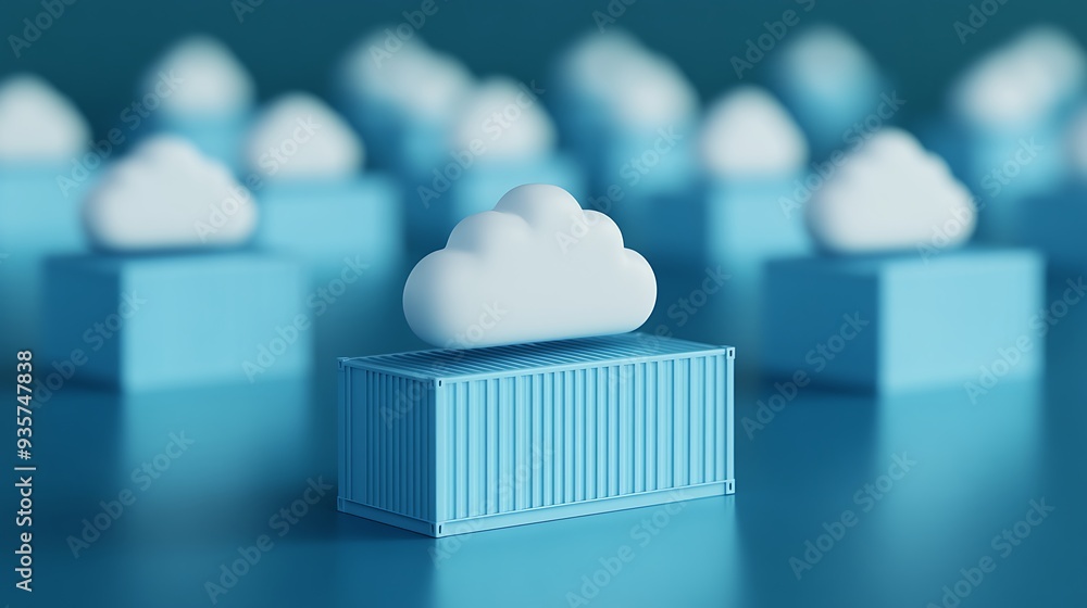 Poster 3d render of cloud computing infrastructure with blue containers and white cloud icons, representing