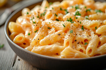 creamy penne pasta with cheese sauce in ceramic bowl