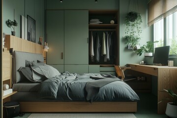 Obraz premium The interior of an elegant home bedroom features a bed and work desk, as well as a panoramic window