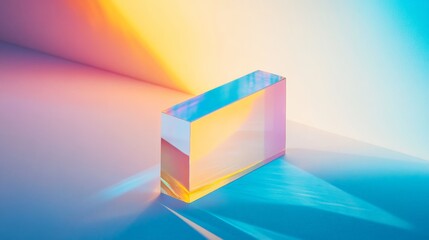A creative abstract image featuring a rectangular prism with vivid light refractions, forming a dynamic spectrum of colors against a softly lit backdrop, highlighting modern artistry.