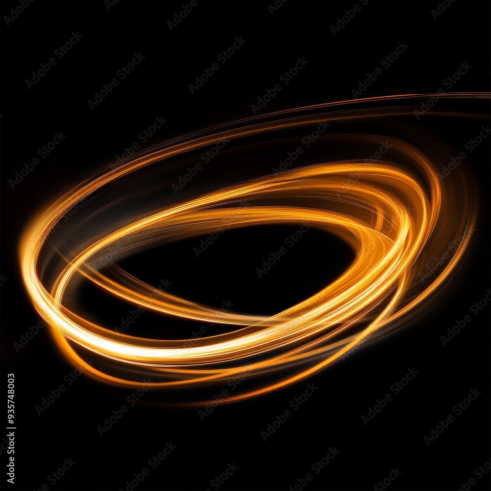 Poster A set of golden circular light trails spin against a dark background, creating a mesmerizing effect that symbolizes energy and creativity. Perfect for modern, vibrant designs.