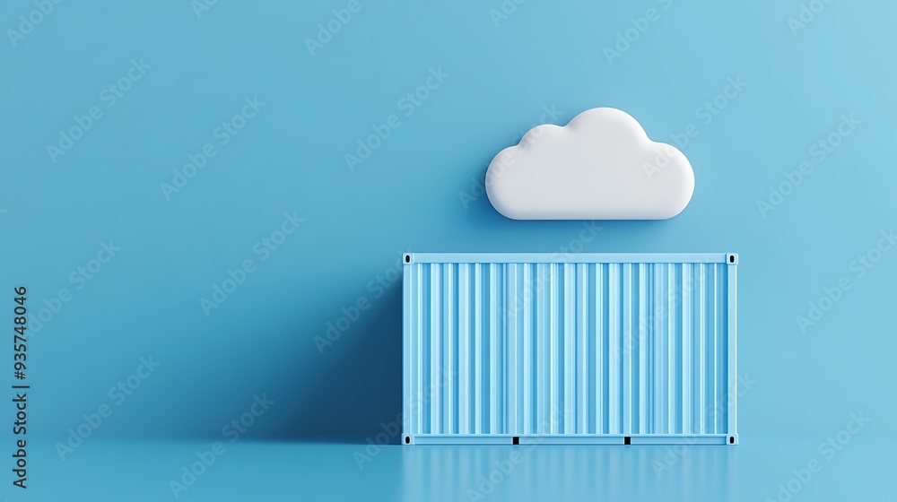 Poster 3d render of cloud storage concept with a shipping container against a blue background, depicting cl