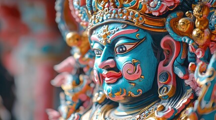 Naklejka premium A detailed close-up of a beautifully painted idol of the God of Fortune, with vibrant colors and intricate designs.
