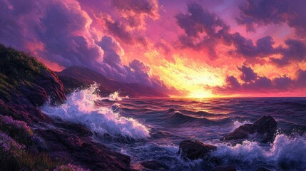 Fototapeta premium A dramatic sunset over a rocky shoreline, with crashing waves and a sky full of color.