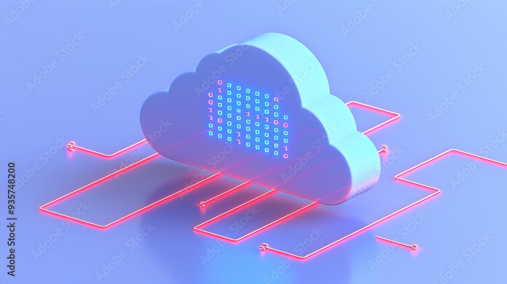 Poster 3d rendered cloud computing icon with neon lights representing modern data storage and technology so