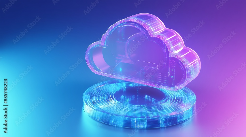Poster 3d rendered cloud computing storage concept with vibrant neon lights in pink and blue hues, represen