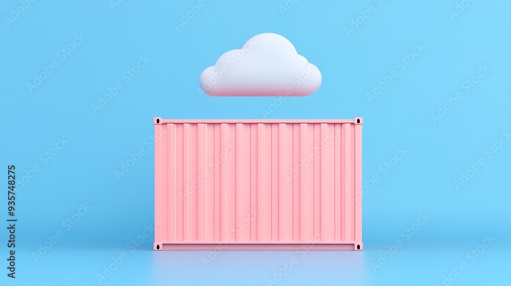 Poster 3d rendered image of a pink shipping container with a cloud above it, set against a blue background.