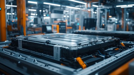 Electric car battery pack being assembled in a high-tech factory, focus on innovation and clean energy, modern manufacturing process.