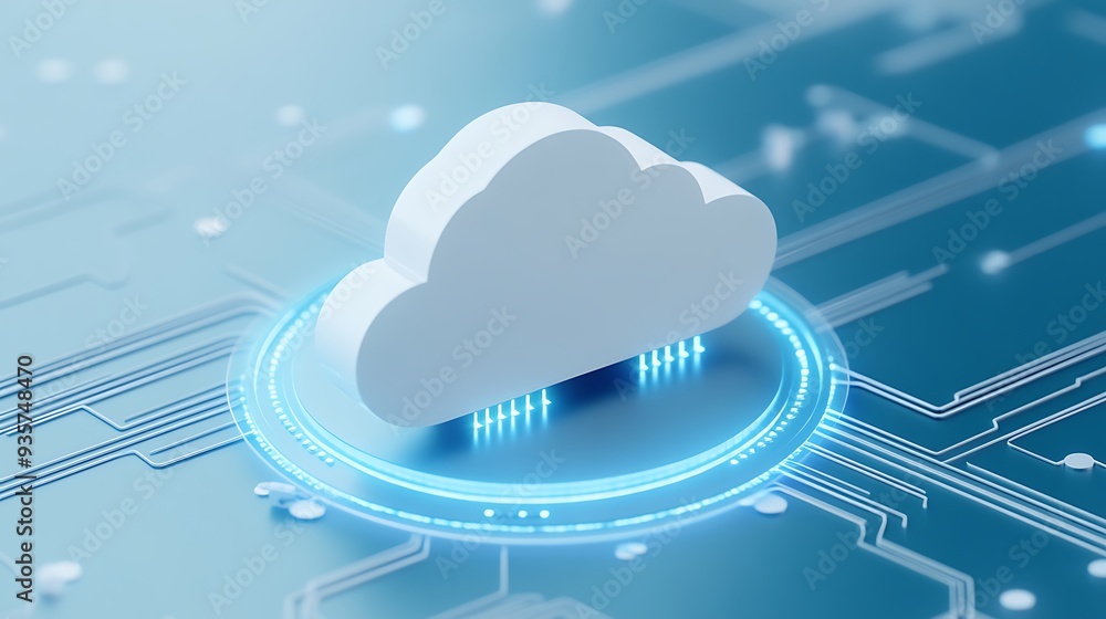 Poster 3d rendered image showing a cloud computing symbol over a digital circuit board, representing modern