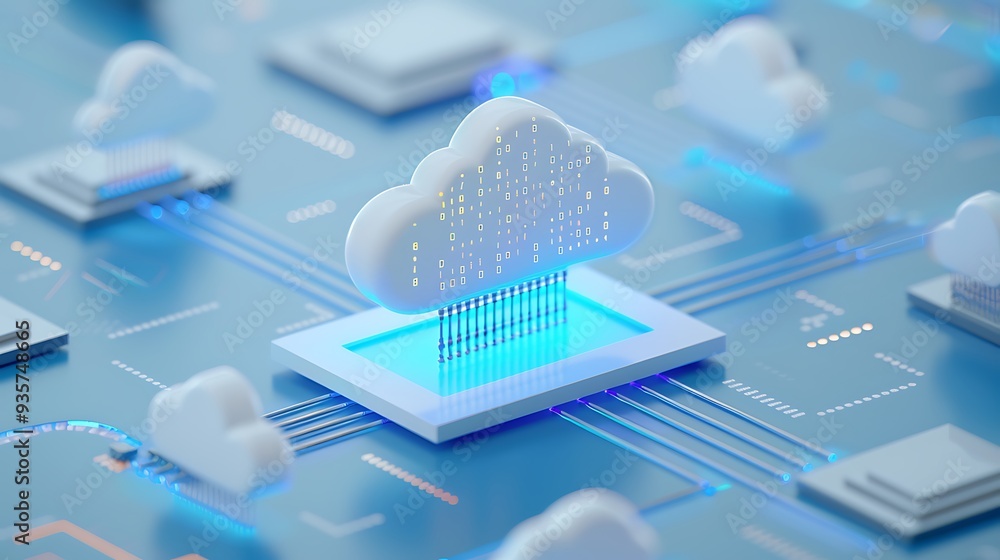 Poster 3d rendering of a cloud computing concept. central cloud icon with glowing circuits on a blue backgr