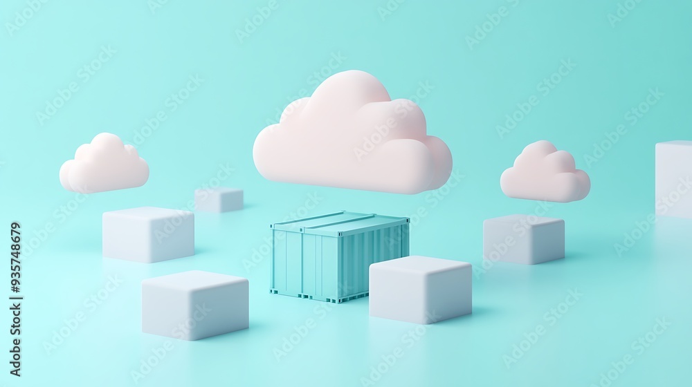 Poster 3d rendering of a cloud computing concept with floating clouds, connected squares, and a central con