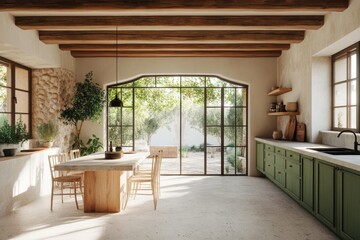 Fototapeta premium A wooded home kitchen interior features a dinner table, a bar island, and a panoramic window