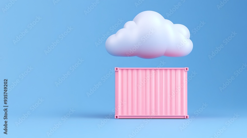 Poster 3d rendering of a pink shipping container with a cloud above it on a blue background, representing l