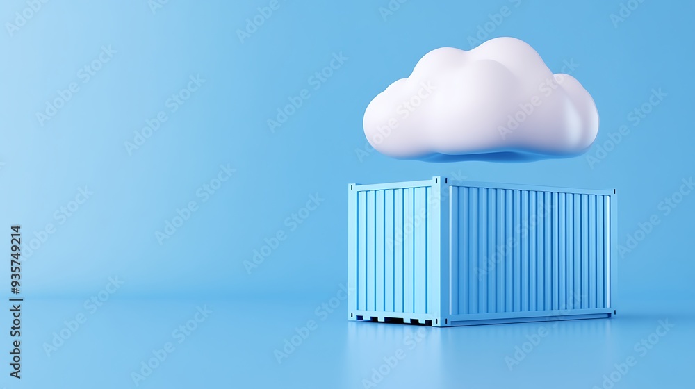 Poster 3d rendering of a shipping container and a cloud on a blue background, symbolizing cloud computing a