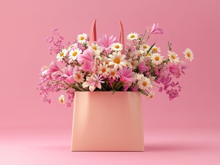 Fototapeta premium 3D illustration of A cowhide tote paper bag contains many flowers, In Solid colors and background