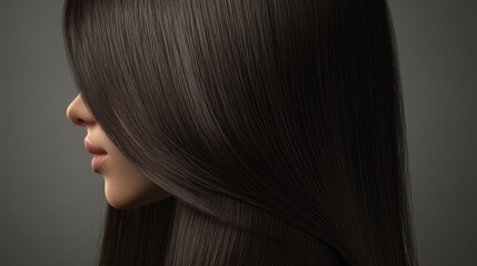 Fototapeta premium A woman showcases her long, straight, dark hair, which falls gracefully over one side of her face, creating a striking silhouette in soft lighting.