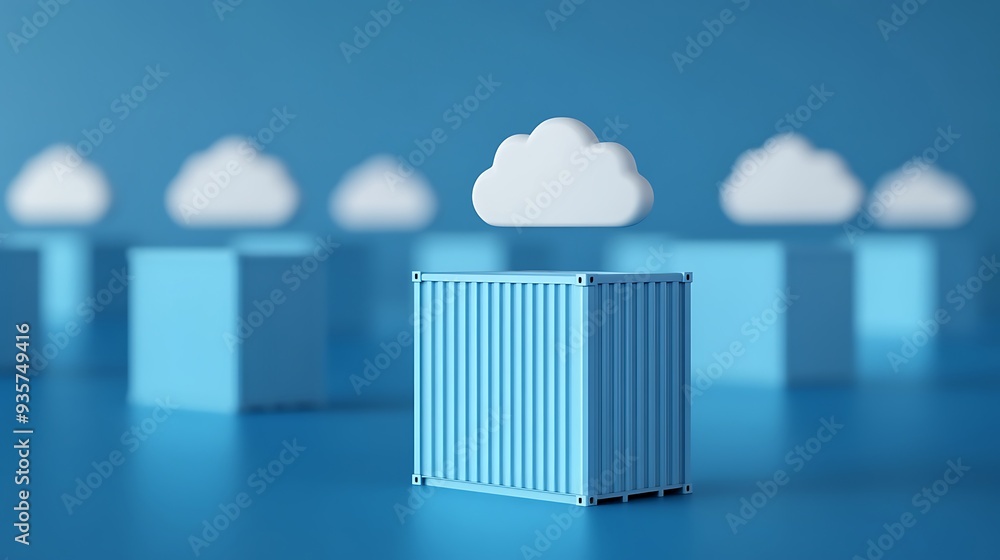 Poster 3d rendering of blue cargo containers with cloud symbols against a blue background representing clou