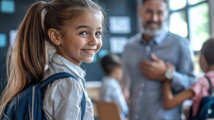 A young girl is smiling and wearing a backpack