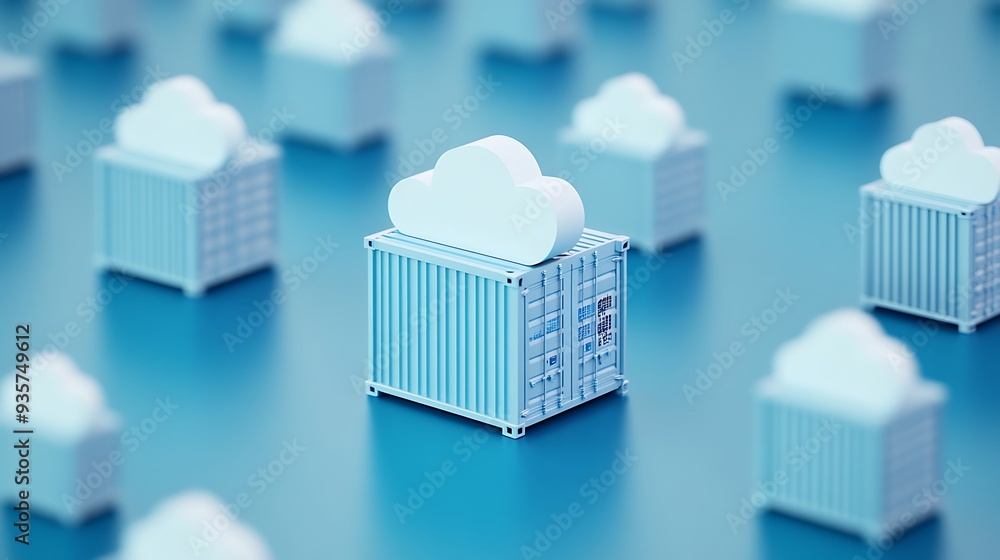 Poster 3D rendering of cloud computing concept with servers and cloud icons, symbolizing modern data storage and technology services.