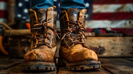 Worn Leather Boots with American Flag Background
