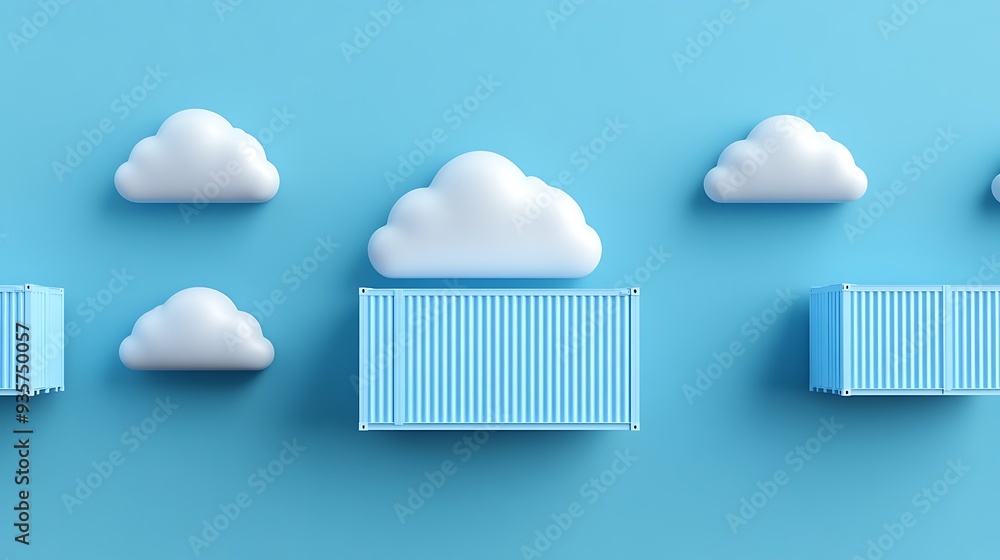 Poster 3d representation of cloud computing with containers. modern technology, digital storage, and data m