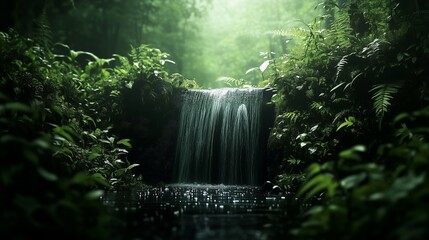 A tranquil waterfall flows through lush greenery in a dense forest during a misty morning