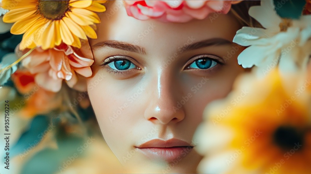 Canvas Prints Closeup portrait of a woman with blue eyes and flowers.