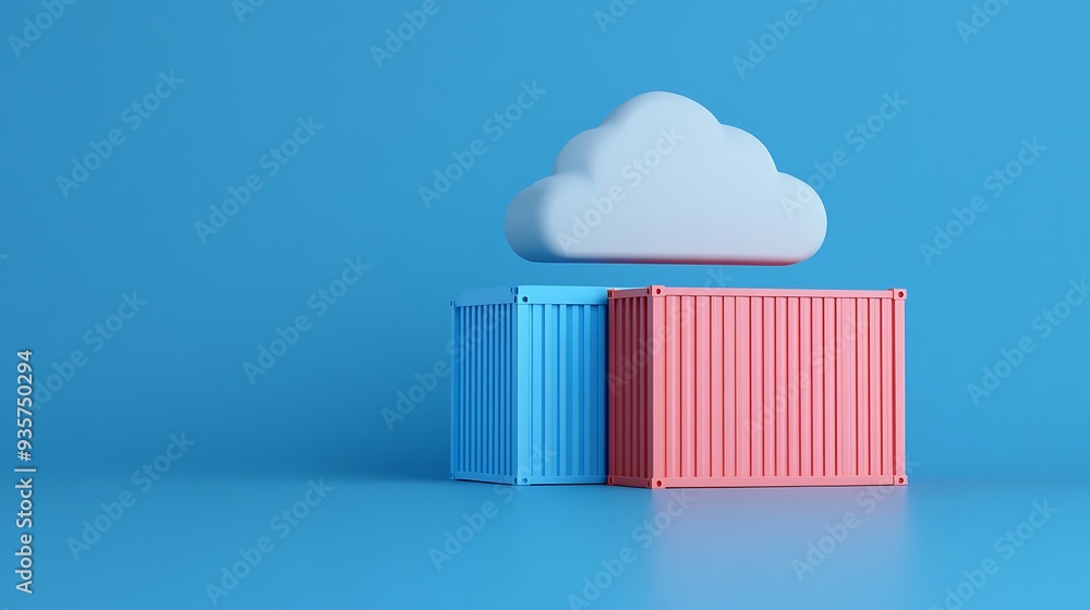 Poster a 3d illustration of a blue and pink shipping container with a cloud above, representing cloud compu