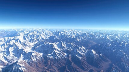 A panoramic top view of a South Asian mountain range, with snow capped peaks stretching into the distance under a clear blue sky.