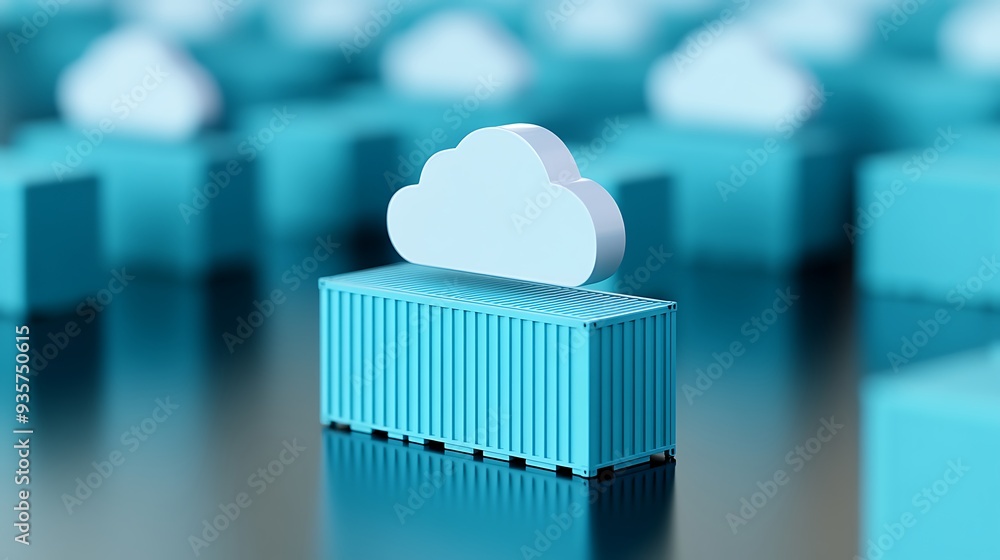 Poster a blue container with a cloud icon on top, symbolizing cloud computing and data storage technology i