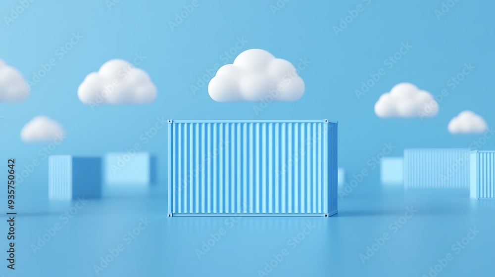 Poster a blue shipping container standing in a minimalist, cloud-like setting with a soft blue background a