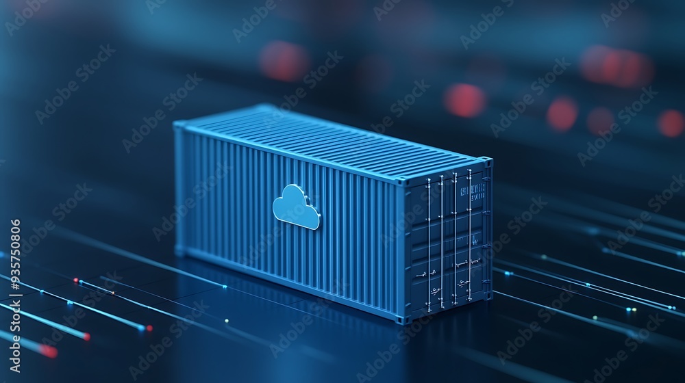 Poster a blue shipping container with a cloud icon, representing data storage and cloud computing in a digi