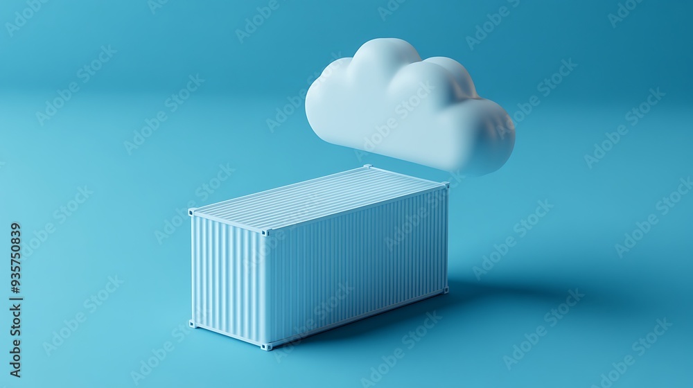 Poster a blue shipping container with a cloud symbolizing cloud storage and data technology on a solid blue