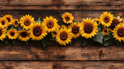 Obraz premium A seamless pattern with sunflowers on a wooden table - rustic summer background.